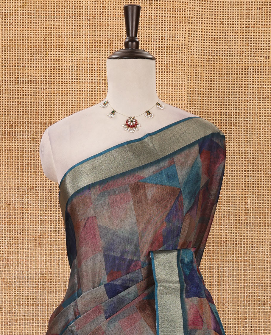Purple-base colorful abstract printed black spun linen saree, zari piping border, floral printed pallu & printed blouse