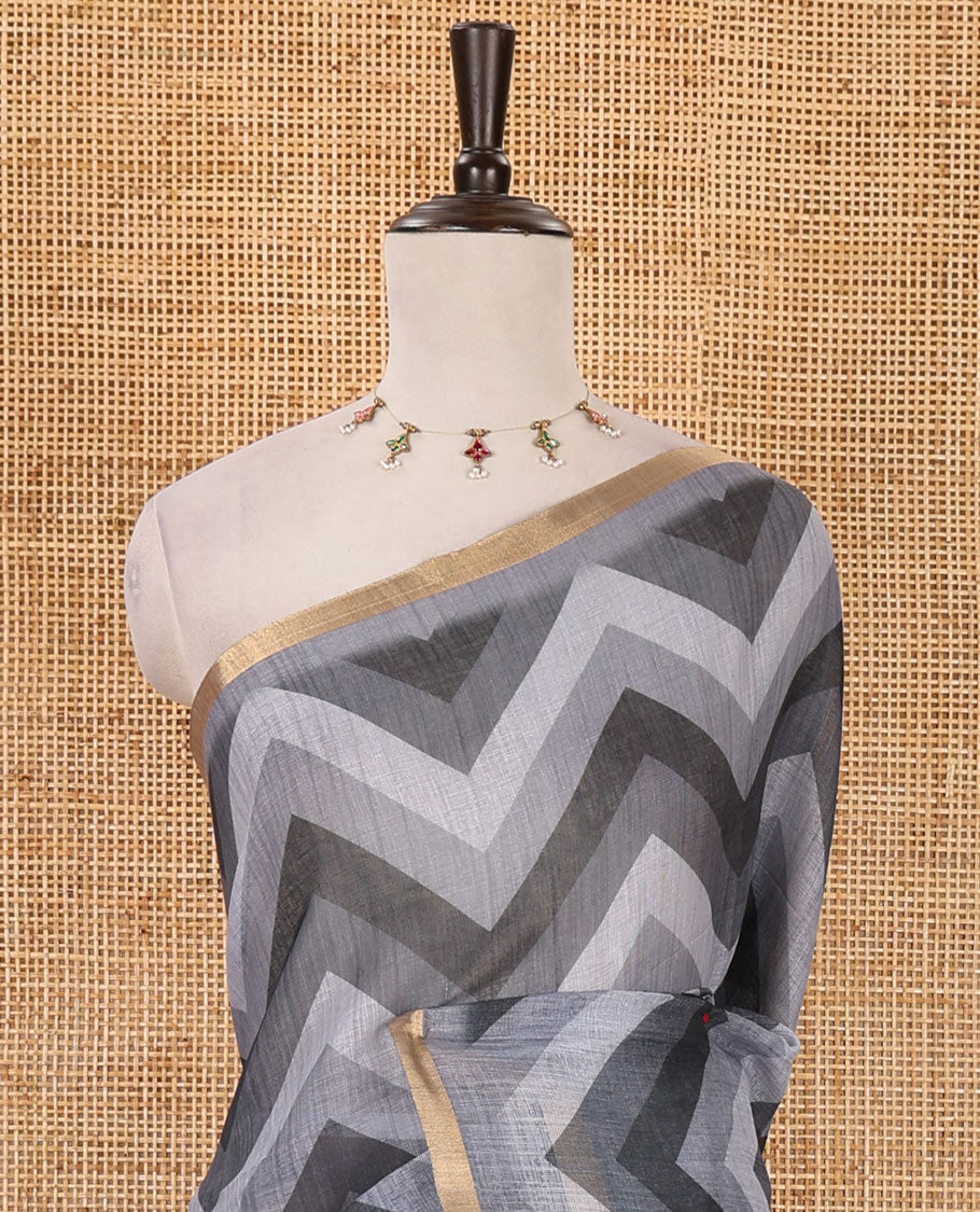 Grey zig-zag stripes printed linen cotton saree, piping zari border, kalamkari floral-peacock printed pallu & contrast printed blouse