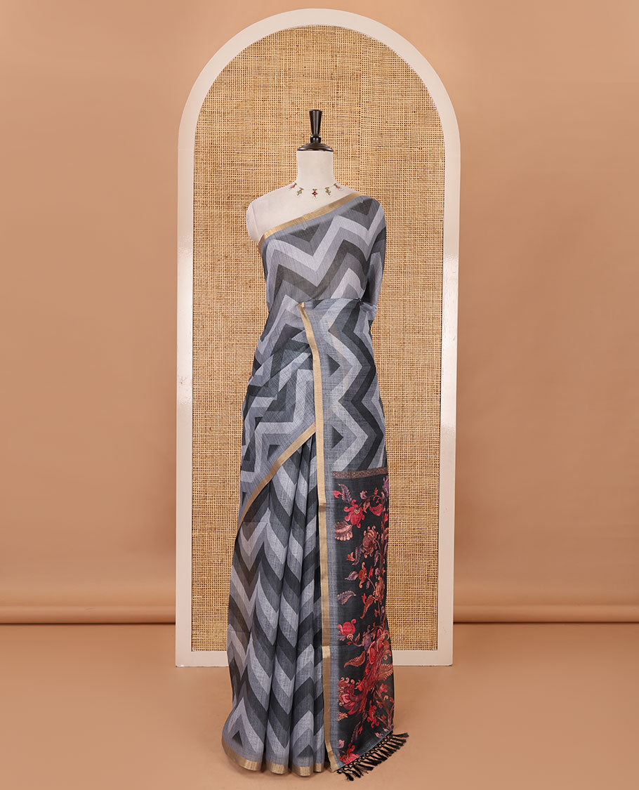 Grey zig-zag stripes printed linen cotton saree, piping zari border, kalamkari floral-peacock printed pallu & contrast printed blouse