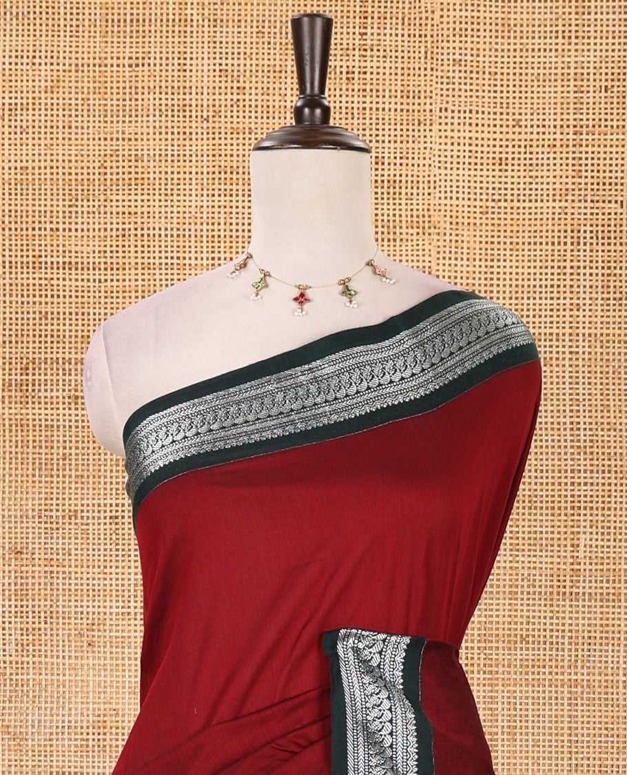 Maroon full-plain Kalyani cotton saree, contrast traditional zari design border, zari design steeped pallu & contrast plain blouse