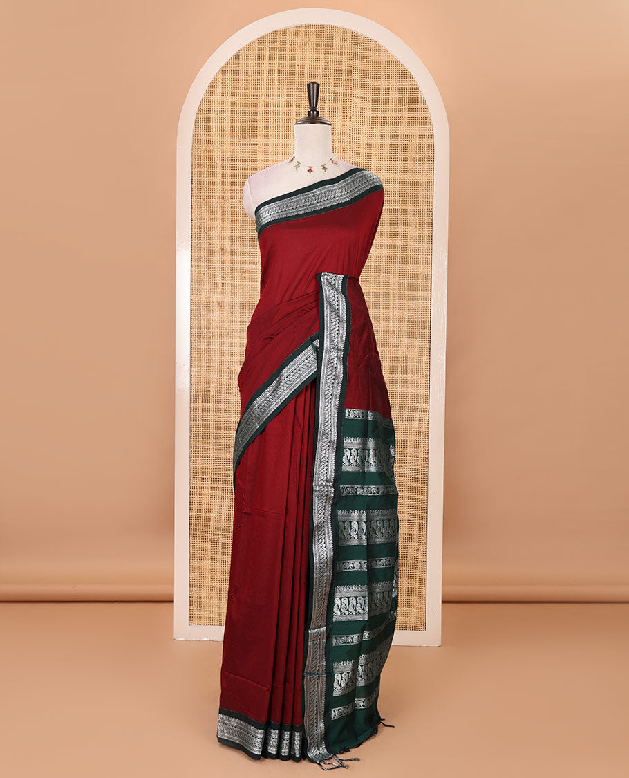 Maroon full-plain Kalyani cotton saree, contrast traditional zari design border, zari design steeped pallu & contrast plain blouse