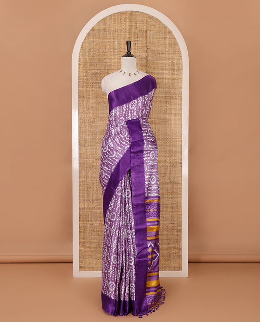 Lavender batik-style printed khadi cotton saree, contrast plain border, patola printed pallu & contrast plain blouse