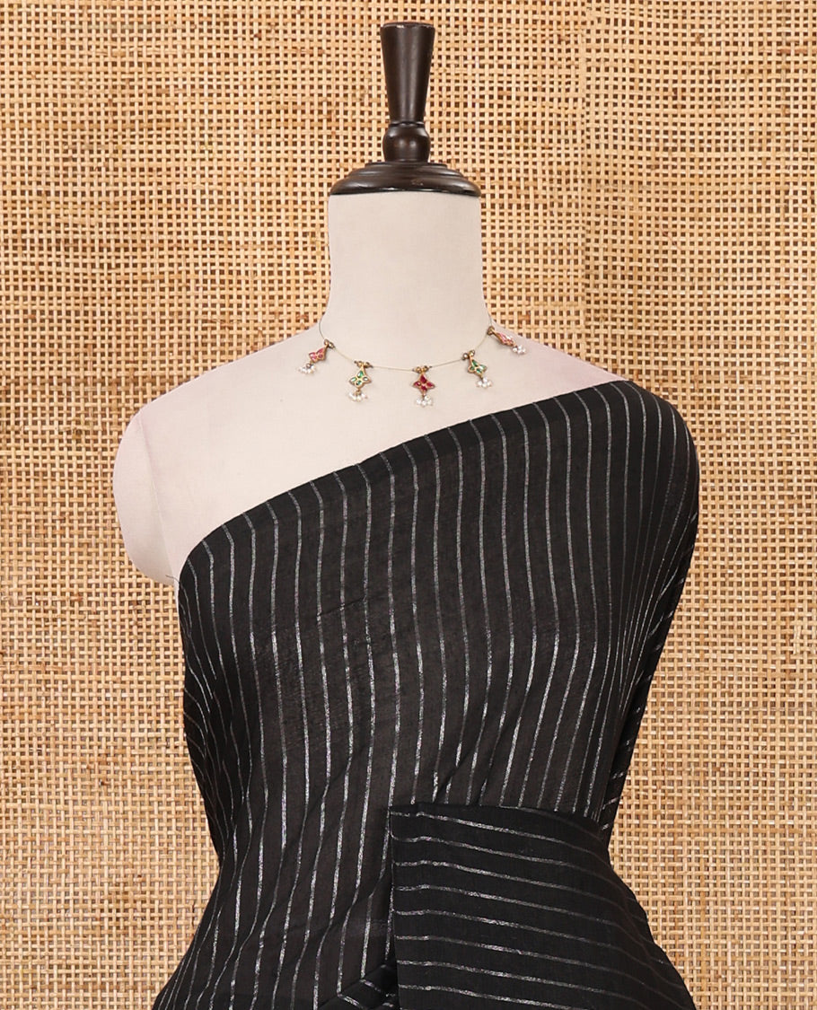 Borderless black vertical striped khadi cotton saree, contrast grey plain pallu & matching plain blouse