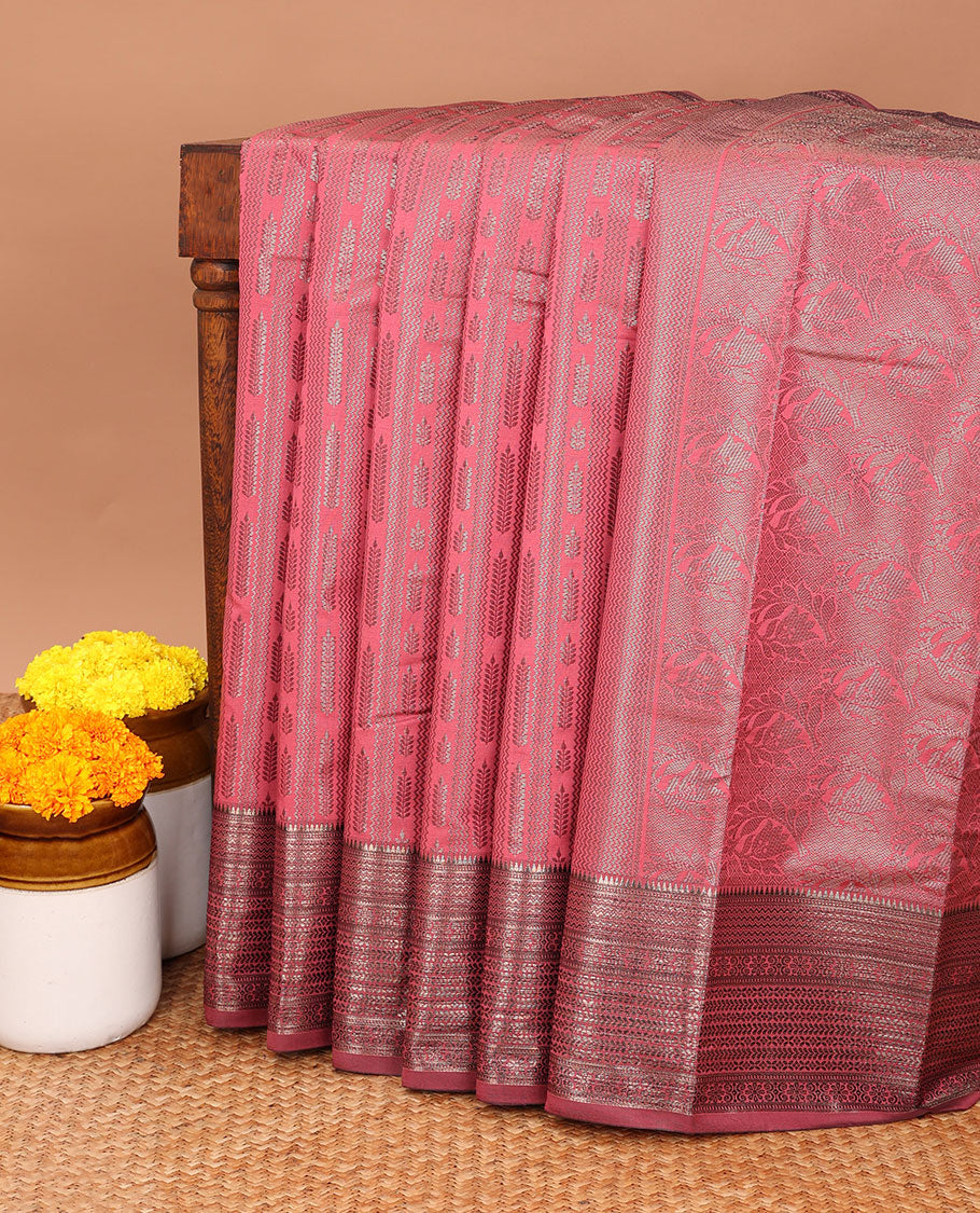 Onion pink zig zag straight line leaf design elite silk saree, gold rose zari with veldari border , malli mokku design & rich pallu , rose gold brocade design blouse