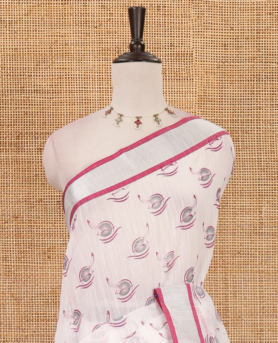 White-purple flying bird motifs printed linen saree, silver bavanji border, printed pallu & plain blouse