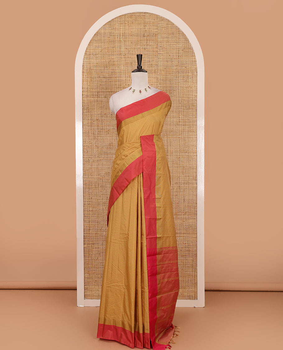 Chikku plus thread buttas semi-soft saree, contrast zari satin border, striped pallu & contrast plain blouse