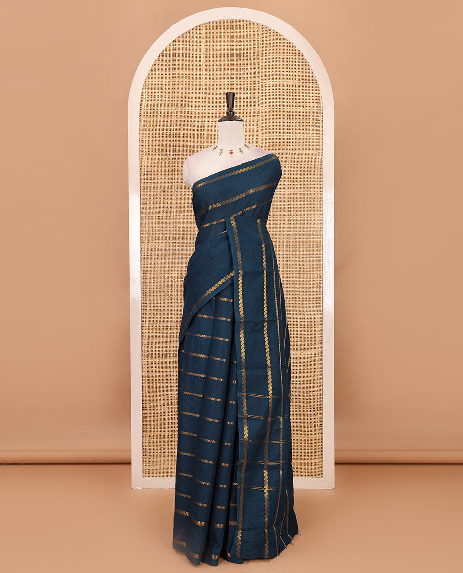 Borderless navy blue veldhari zari striped Sungudi cotton saree, self-pallu of veldhari stripes & running blouse