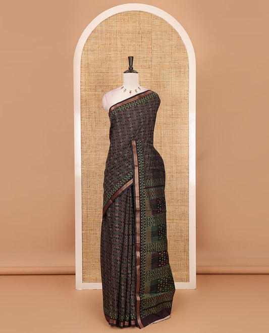 Wine geometric printed Muslin cotton saree, zari border, geometric printed pallu & printed blouse