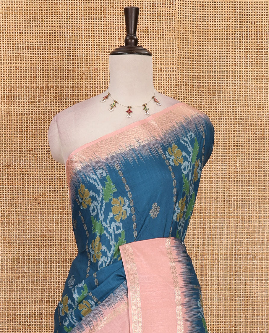 Blue Jamdani-style floral printed katan silk saree, contrast bentex border, geometric printed pallu, and contact printed blouse