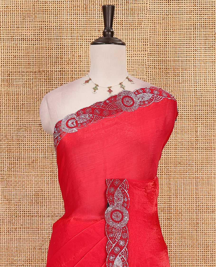 Rani pink full-plain fendy chiffon saree, scallop swarovski stone work geometric border and contrast plain blouse