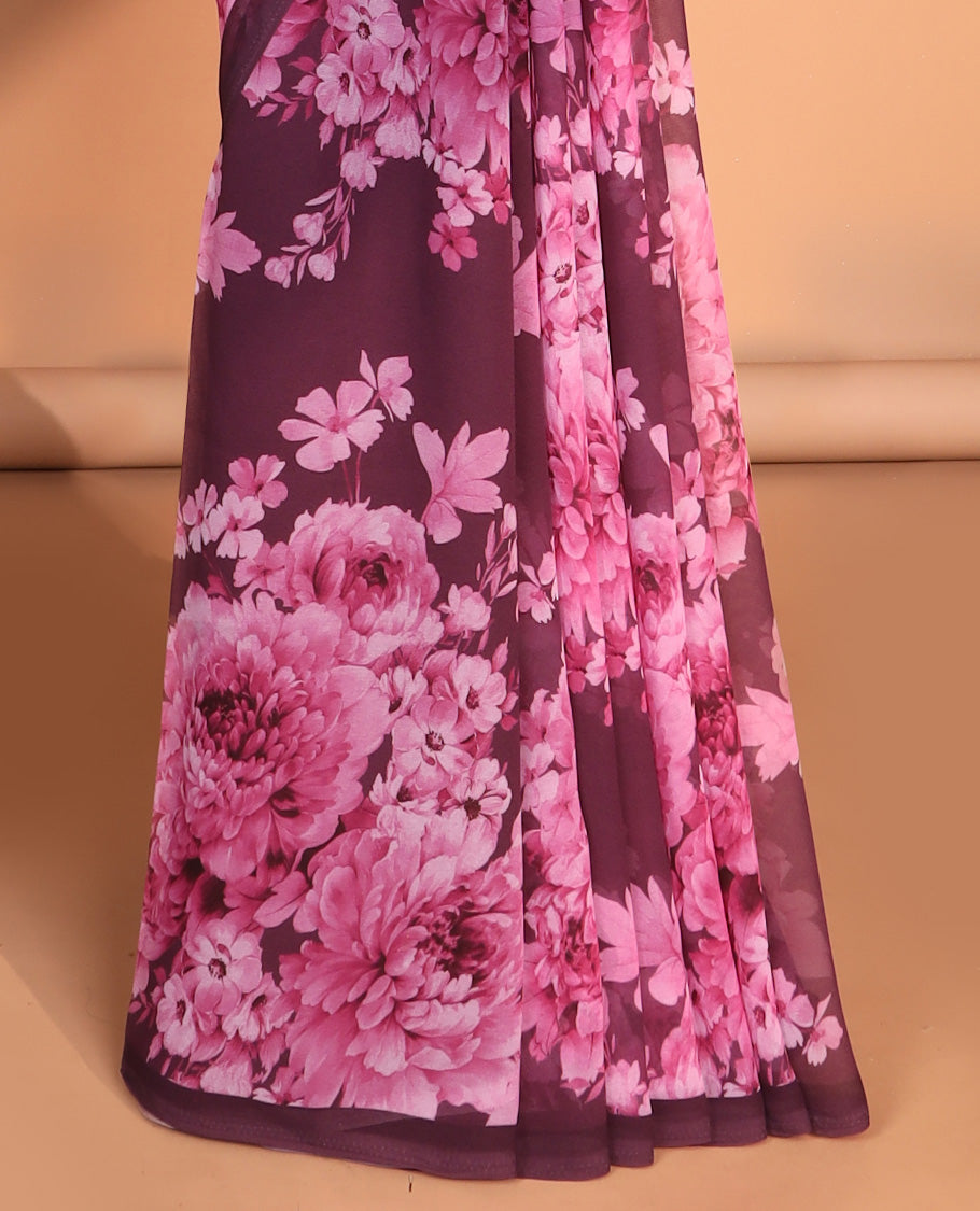 Borderless magenta digital floral print georgette saree with self pallu