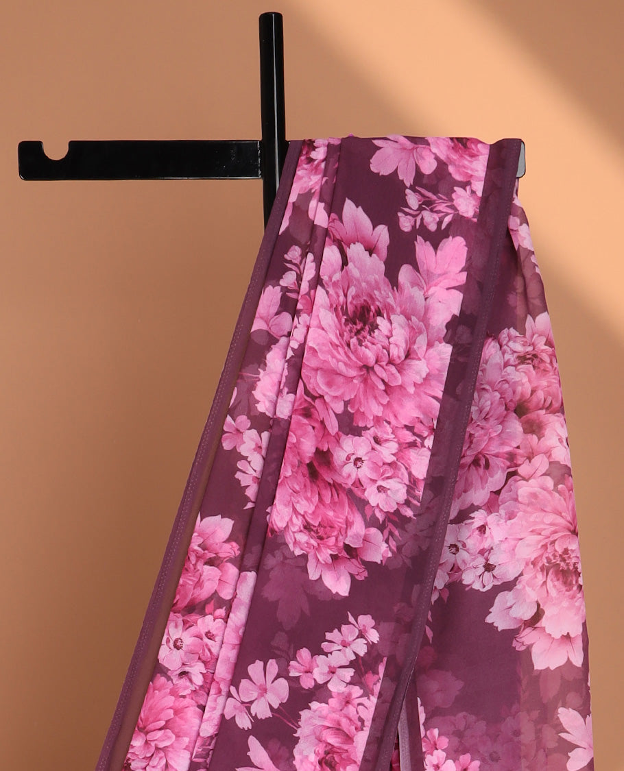 Borderless magenta digital floral print georgette saree with self pallu