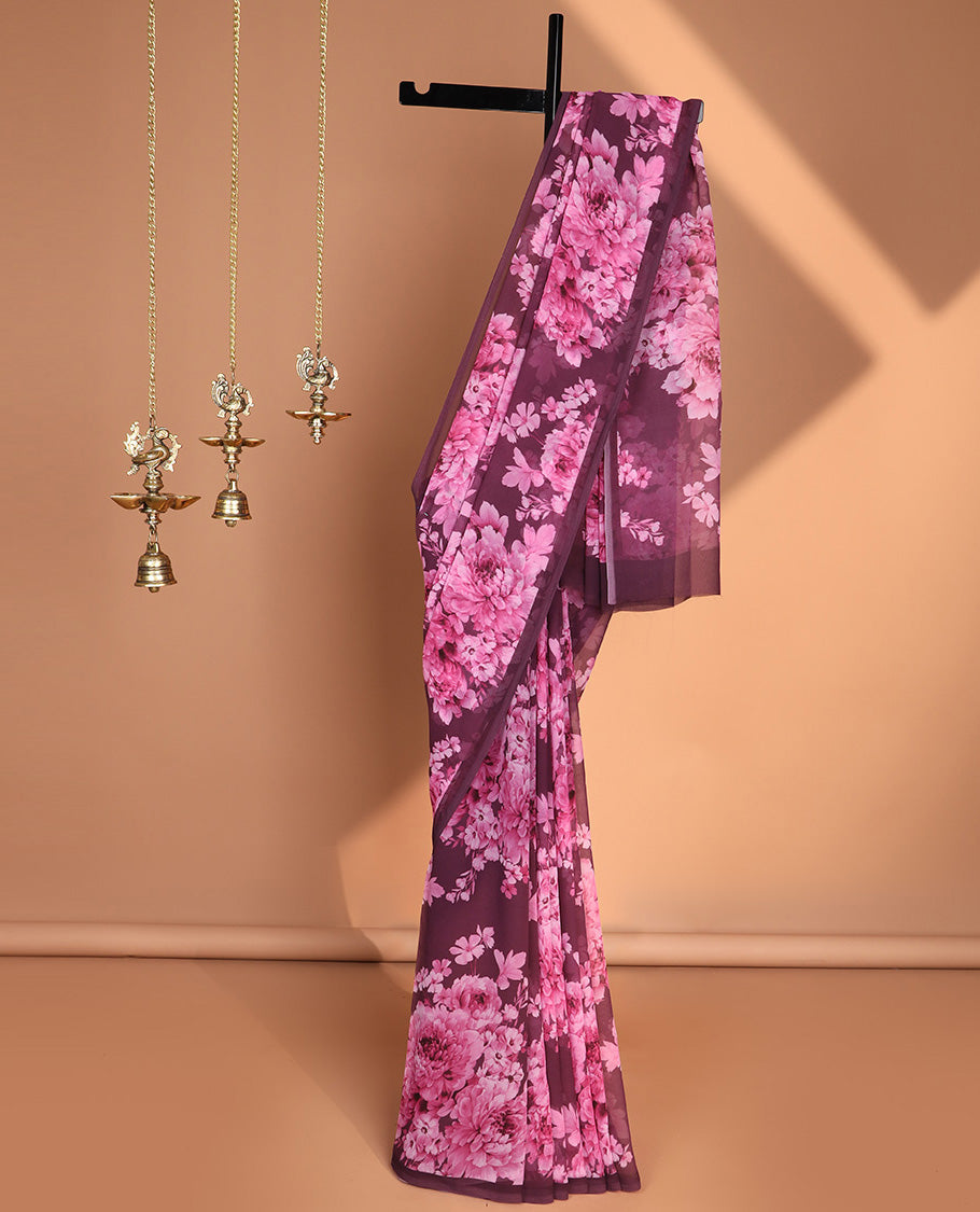 Borderless magenta digital floral print georgette saree with self pallu