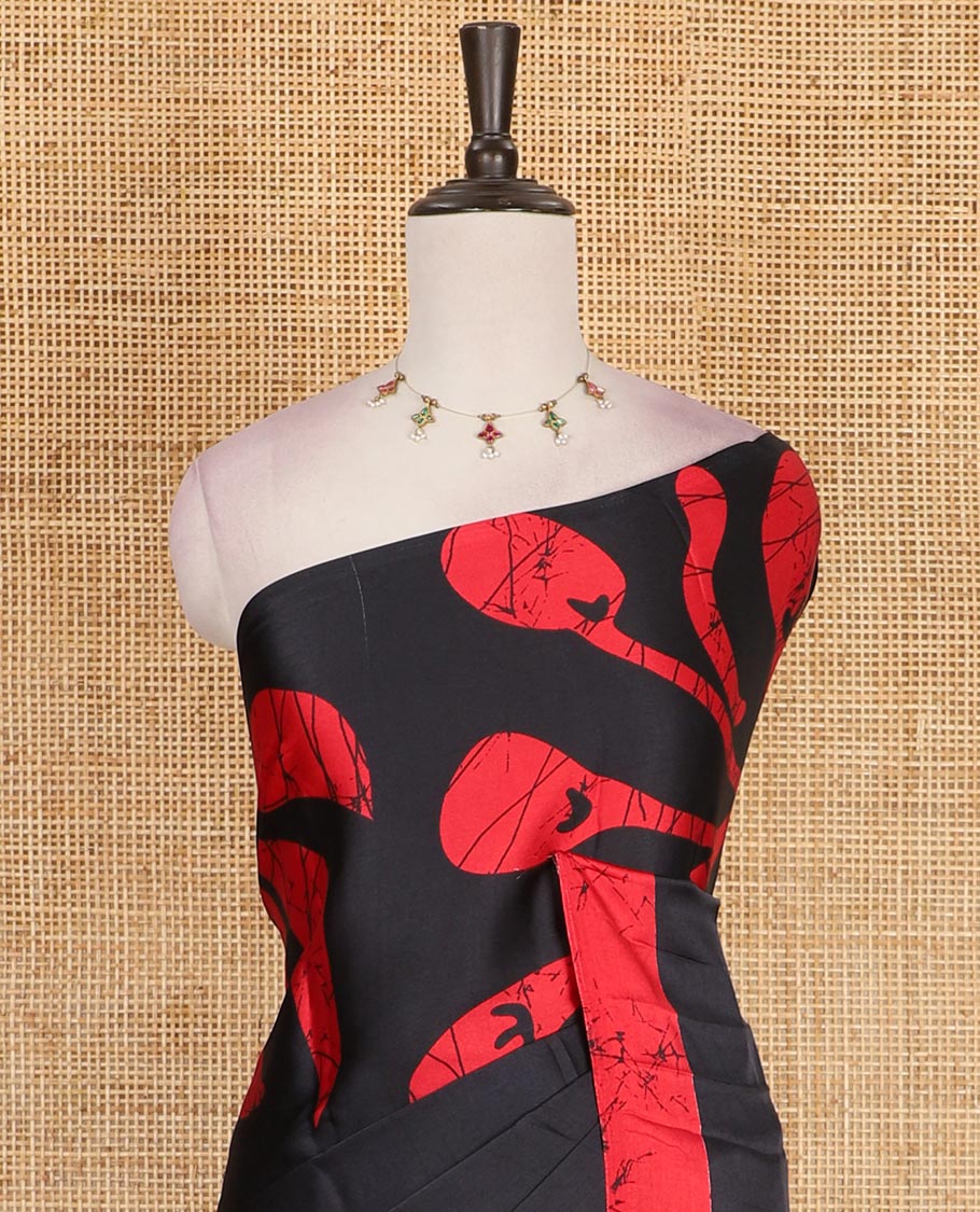 Borderless black leaf vine batik printed Gajji silk saree, batik printed pallu, and plain blouse