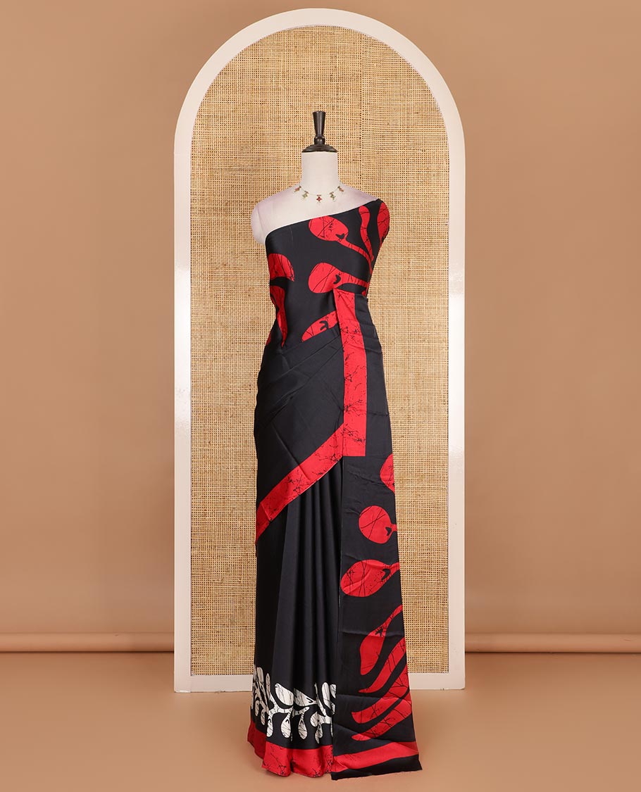 Borderless black leaf vine batik printed Gajji silk saree, batik printed pallu, and plain blouse
