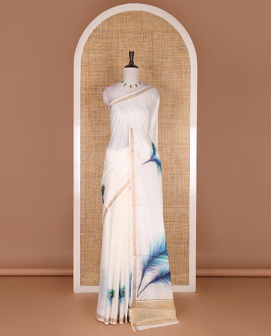 Half-white real-like peacock feathers digitally printed Kerala cotton saree, zari border, striped pallu, and matching blouse