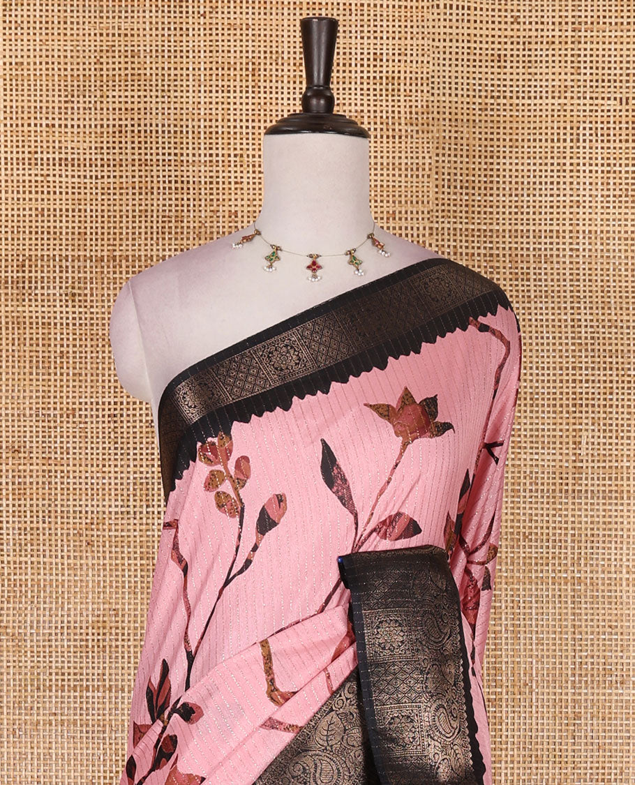 Onion pink golden zari stripes, and floral vine printed dola silk saree, contrast traditional temple zari border, and floral printed pallu