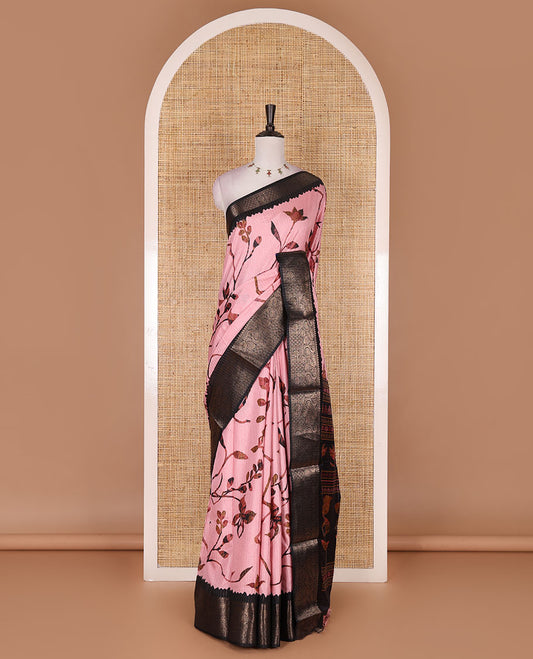 Onion pink golden zari stripes, and floral vine printed dola silk saree, contrast traditional temple zari border, and floral printed pallu