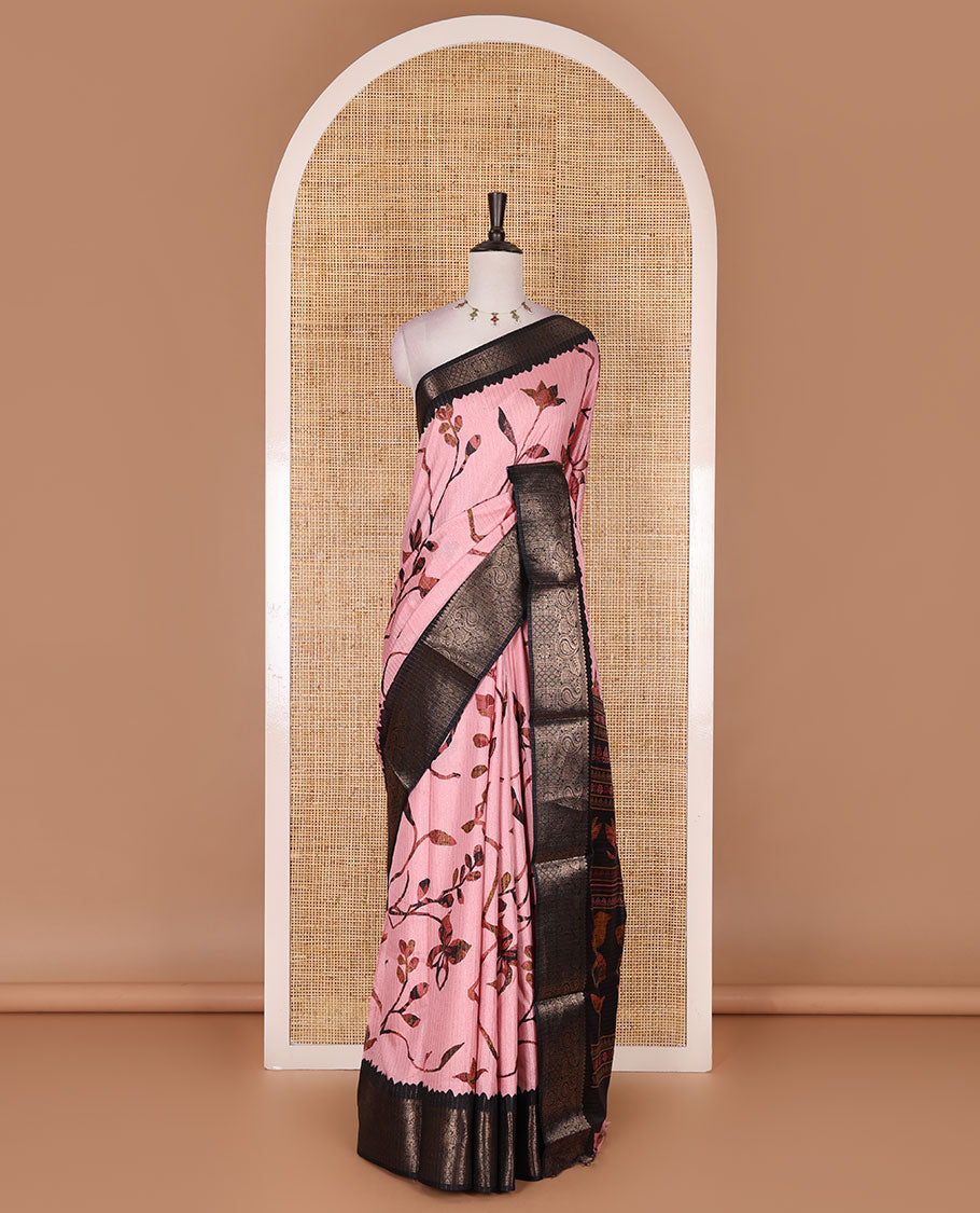 Onion pink golden zari stripes, and floral vine printed dola silk saree, contrast traditional temple zari border, and floral printed pallu