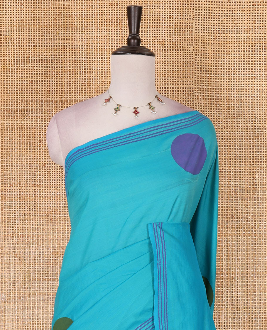 Blue big polka dots printed poly cotton saree, horizontal stripes printed border, polka dots printed pallu, and contrast handblock printed blouse