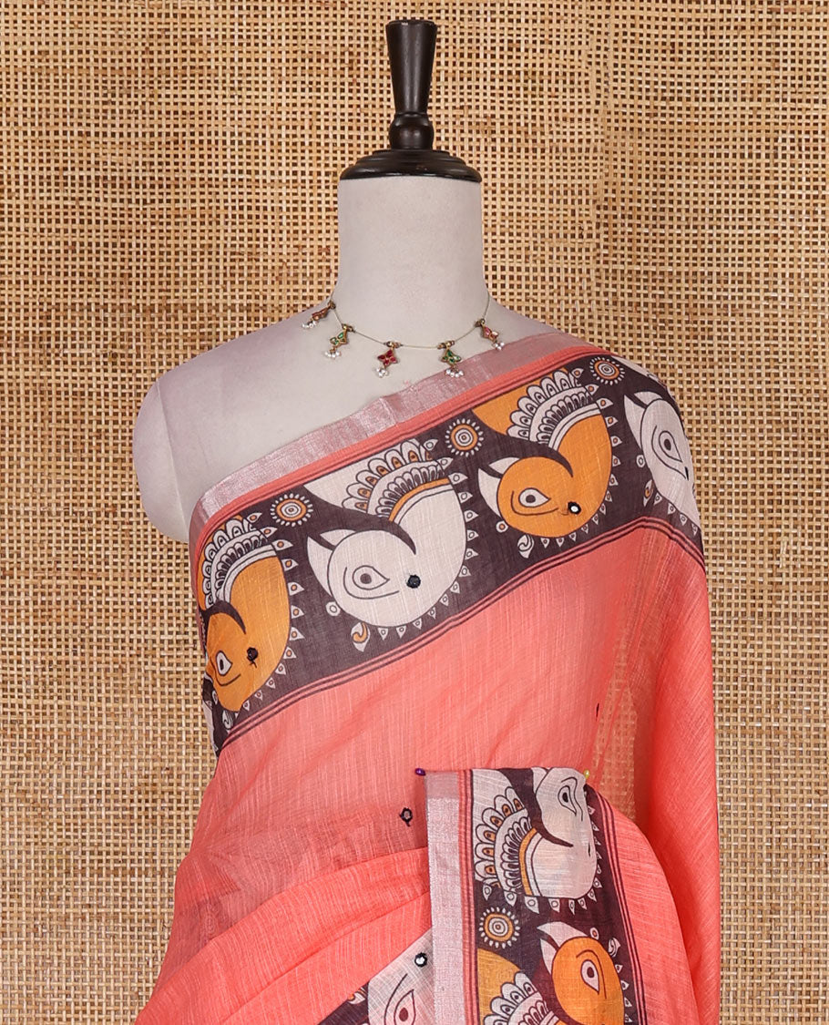 Peach mirror thread embroidered linen saree, contrast kalamkari peacock printed border, pallu of kalamkari peacock and human figurines print, and printed blouse