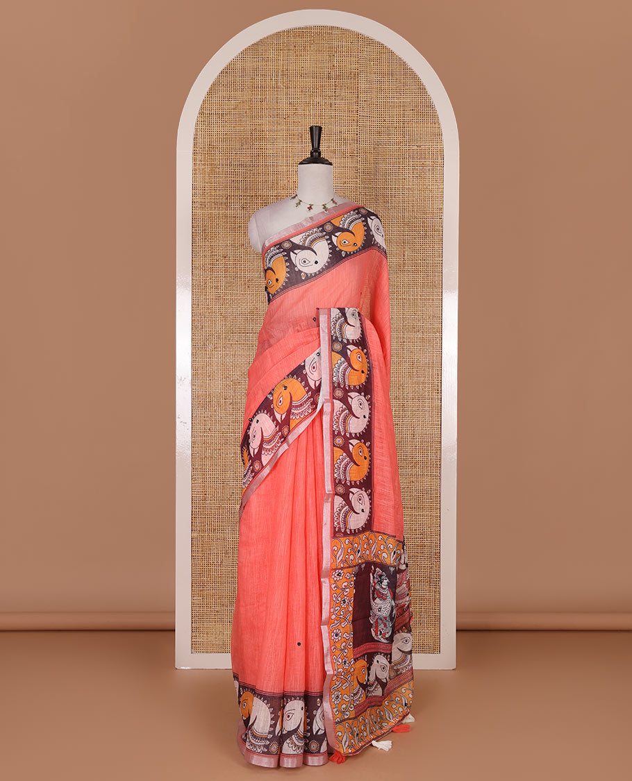 Peach mirror thread embroidered linen saree, contrast kalamkari peacock printed border, pallu of kalamkari peacock and human figurines print, and printed blouse