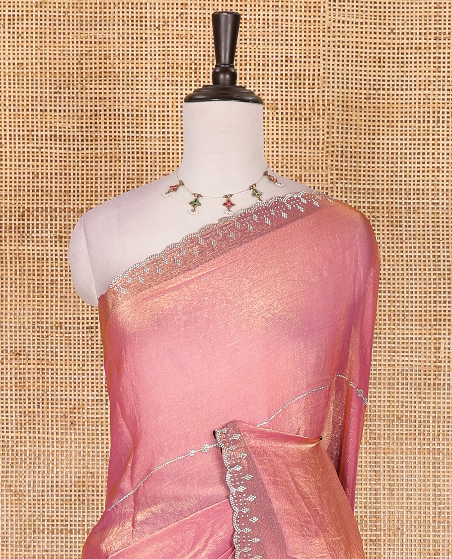 Pink micro stonework Fendi chiffon saree, scallop micro stonework border, stonework paisley pallu, and matching micro stone work blouse
