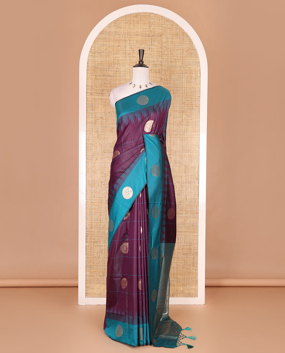 Wine round peacock chakram buttas enclosed checked Mulberry silk saree, contrast round peacock chakra border, zari worven pallu, and contrast zari blouse