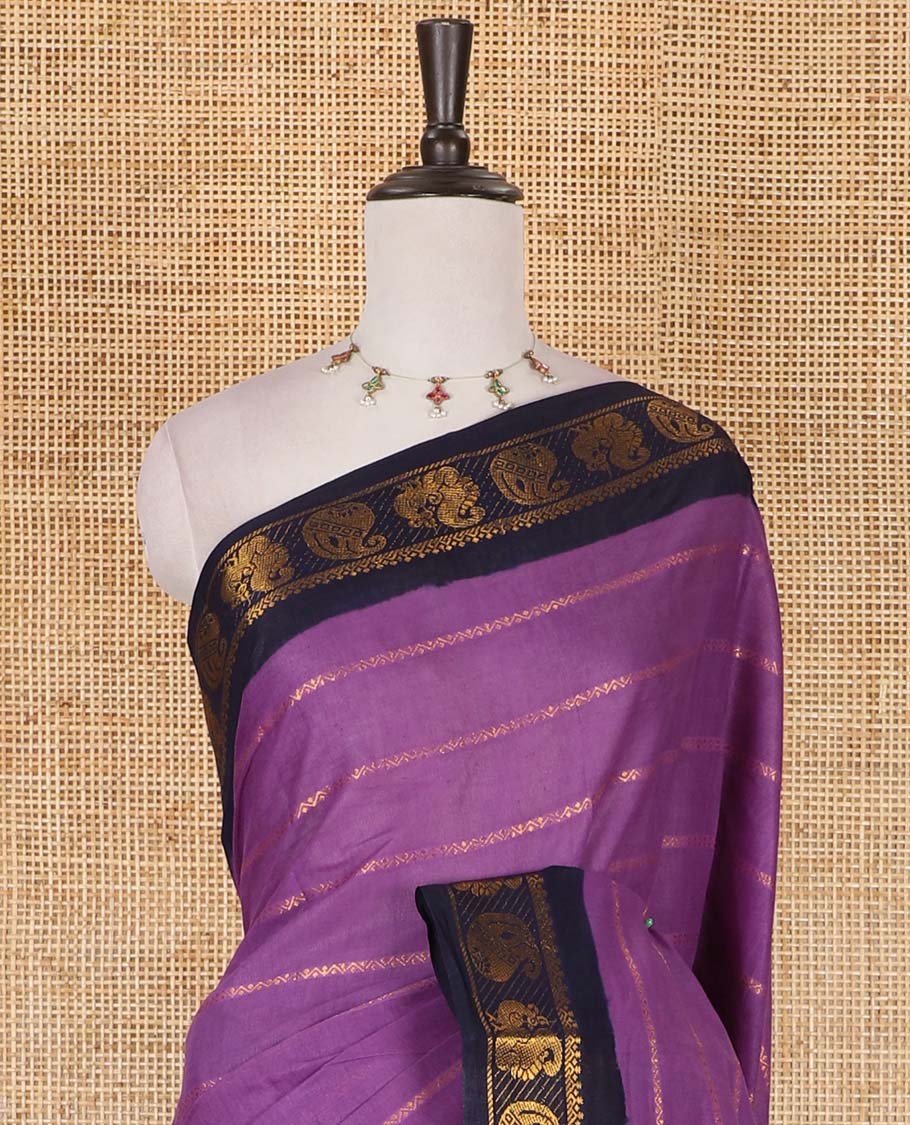 Purple veldhari zari striped Sungudi cotton saree, contrast peacock, and paisley zari motif border, zari striped pallu, and contrast zari design blouse