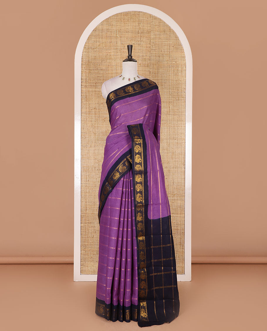 Purple veldhari zari striped Sungudi cotton saree, contrast peacock, and paisley zari motif border, zari striped pallu, and contrast zari design blouse