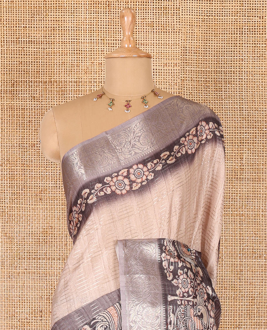Grey tri-ombre colored zari stripes, and kalamkari peacock printed semi-tussar saree, contrast floral creeper zari border, peacock printed pallu, and a contrast blouse of zari and print work