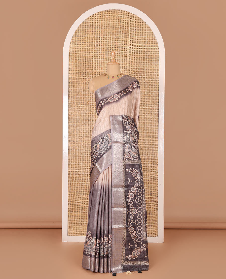 Grey tri-ombre colored zari stripes, and kalamkari peacock printed semi-tussar saree, contrast floral creeper zari border, peacock printed pallu, and a contrast blouse of zari and print work