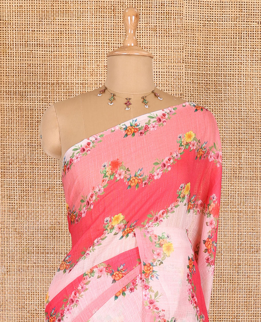 Borderless pink rangkat style dyed and floral printed linen cotton saree with a contrast printed blouse