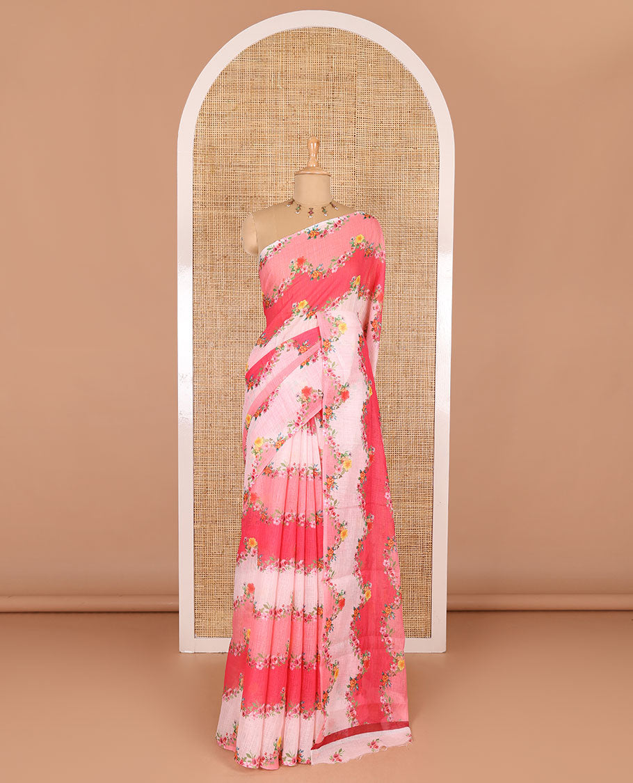 Borderless pink rangkat style dyed and floral printed linen cotton saree with a contrast printed blouse