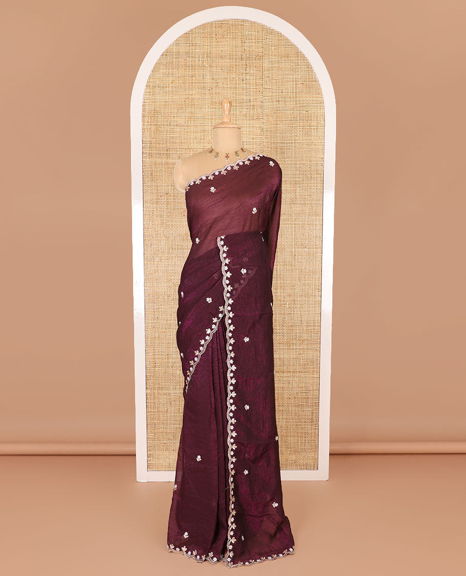 Purple color, floral embroidered motifs crunchy crush saree, scallop pearl embroidered border, embroidered pallu, and a contrast embroidered blouse