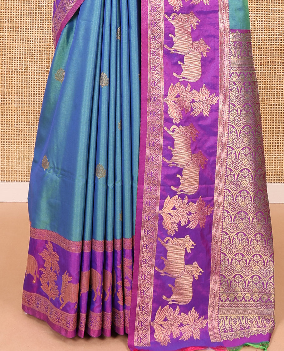 Blue zari buttas elite soft silk saree, contrast traditional zari border of Pichwai cow design, scallop pallu, and a contrast zari design blouse