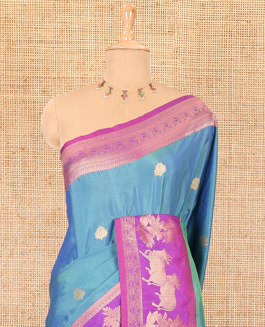 Blue zari buttas elite soft silk saree, contrast traditional zari border of Pichwai cow design, scallop pallu, and a contrast zari design blouse