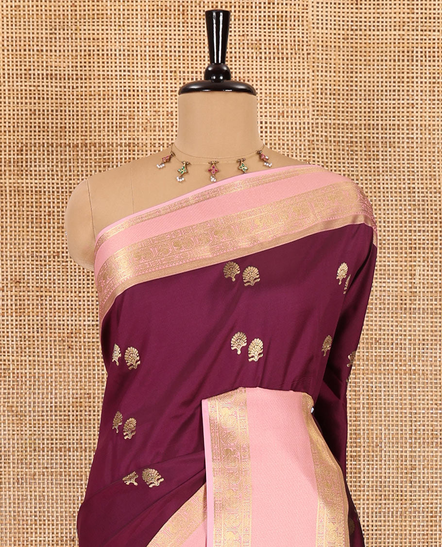 Purple zari buttas soft silk saree , contrast peacock and mango zari weaving border , contrast weaving rich pallu and contrast Blouse