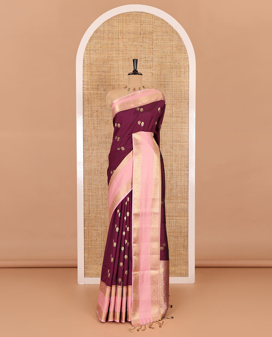 Purple zari buttas soft silk saree , contrast peacock and mango zari weaving border , contrast weaving rich pallu and contrast Blouse