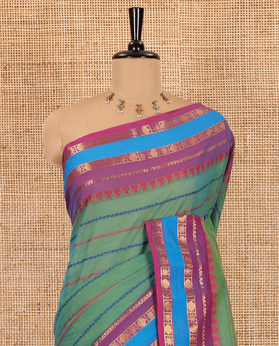 Green velthari design chettinad cotton saree , Contrast gold zari and thread weaving border , lining pallu