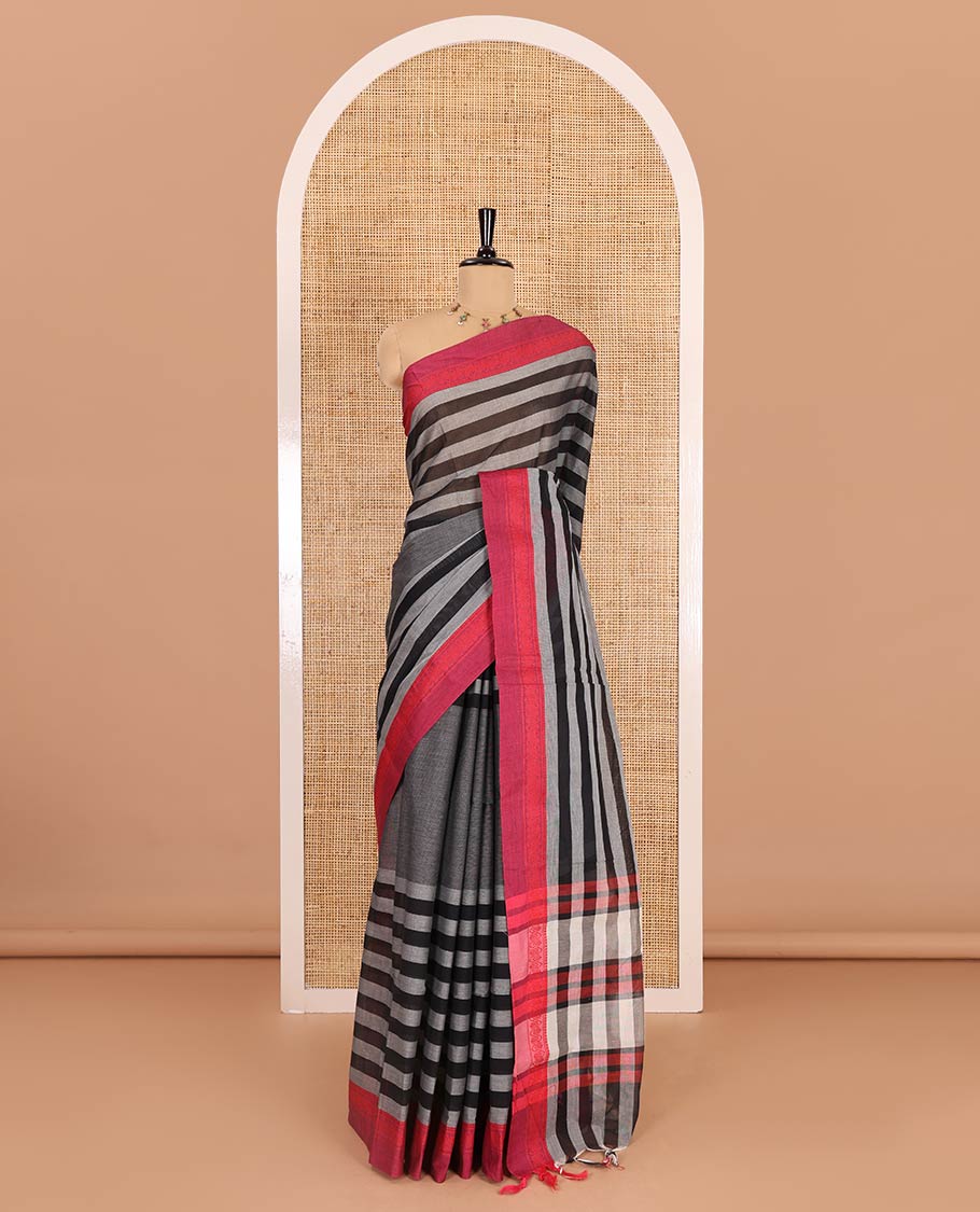 Grey and pink stripes and plain Mangalagiri cotton saree, contrast plain border, striped pallu, and a contrast horizontal striped blouse