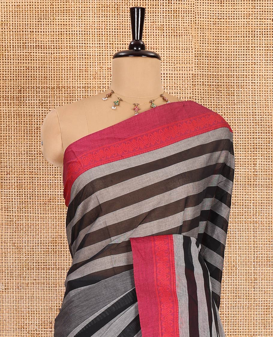 Grey and pink stripes and plain Mangalagiri cotton saree, contrast plain border, striped pallu, and a contrast horizontal striped blouse