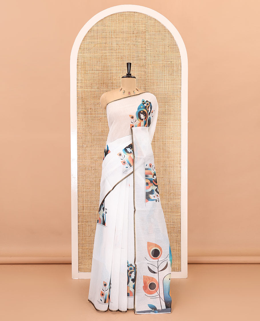 Borderless white modern art style Radha Krishna motifs printed chanderi cotton saree, big Radha Krishna motifs printed pallu and a contrast printed blouse