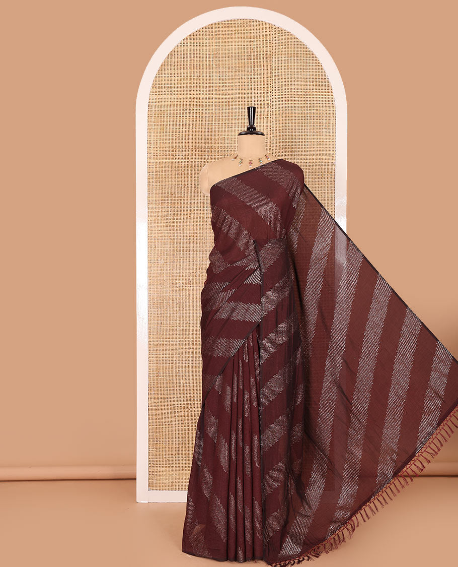 Borderless purple leheriya-striped foil-printed Vichitra silk saree with a self pallu and no blouse