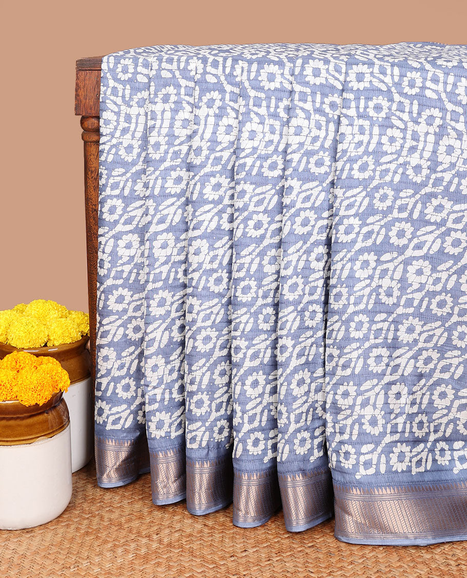 Grey Batik print, sequins embroidery dola silk saree with gold zari jacquard border & pathick printed, sequins pallu along with pathick printed blouse