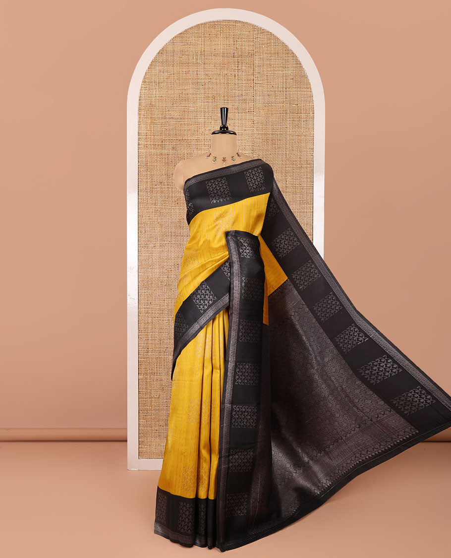 Yellow scallop buttas and zari striped kanchi silk saree, contrast zari scallop design border, intricate pallu, and a contrast zari bordered blouse