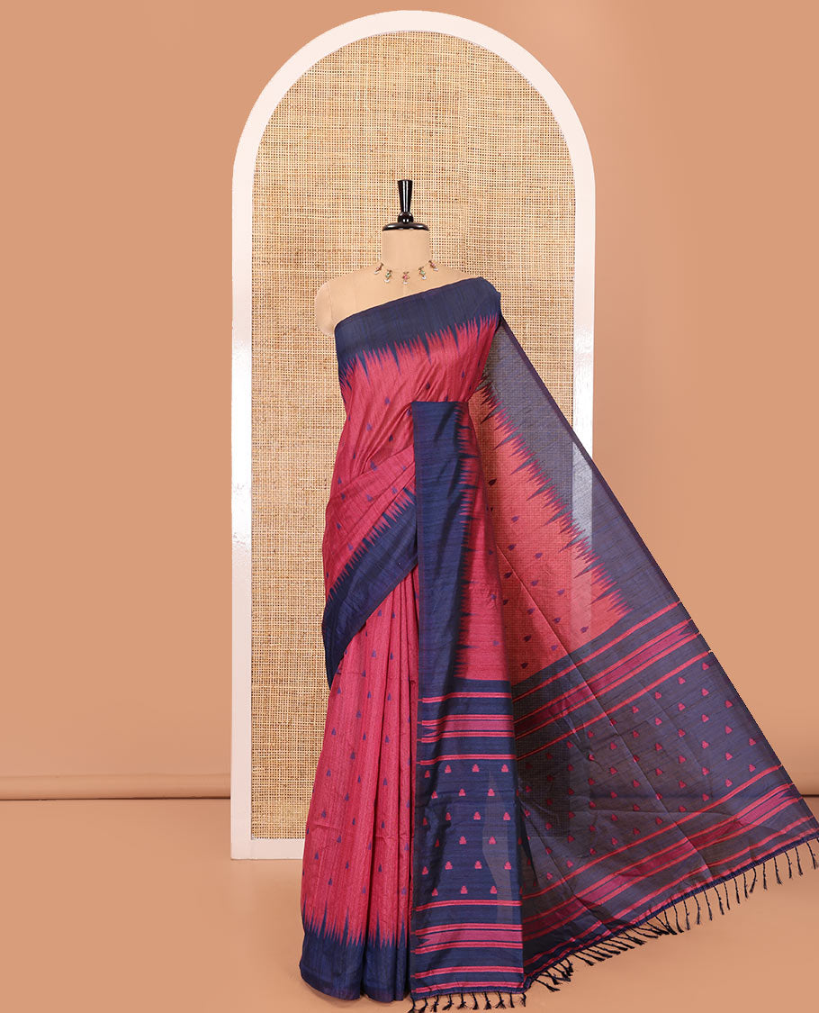 Pink buttas semi-jute saree with contrast temple border, thread striped pallu, and a contrast thread buttas blouse