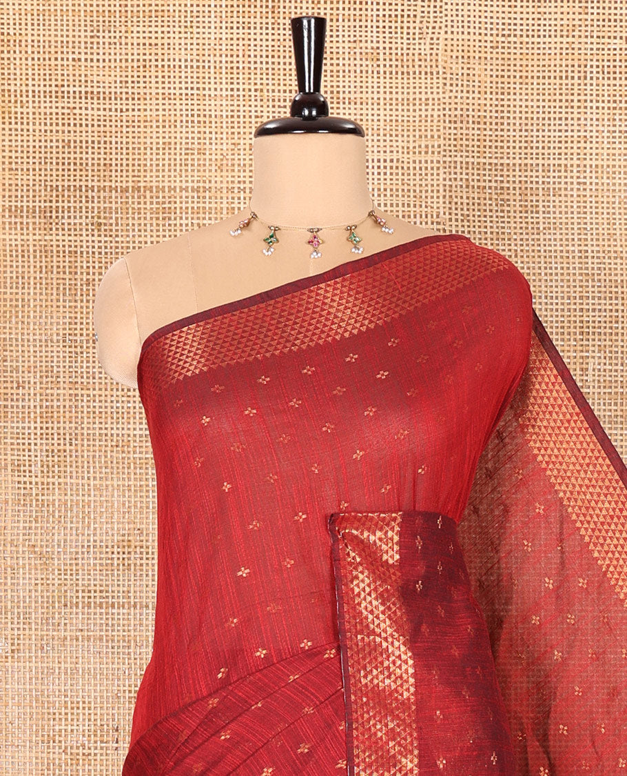 Maroon Khadi Mul Cotton Saree Beautified with Plus-Shaped Zari Buttas Across Its Body, Featuring a Subtle Zari Border Adorned with Triangle Motifs, a Tissue Pallu, and Complemented by a Running Blouse