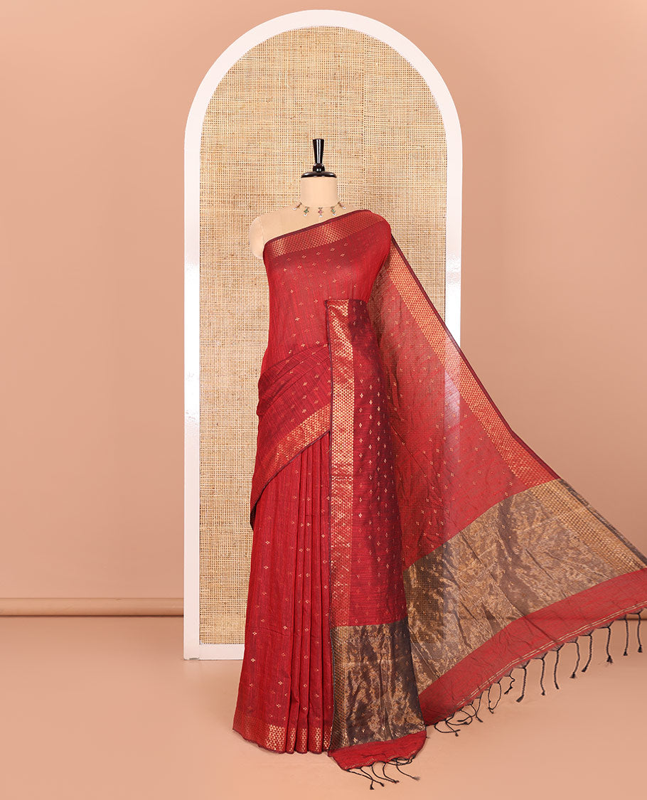 Maroon Khadi Mul Cotton Saree Beautified with Plus-Shaped Zari Buttas Across Its Body, Featuring a Subtle Zari Border Adorned with Triangle Motifs, a Tissue Pallu, and Complemented by a Running Blouse