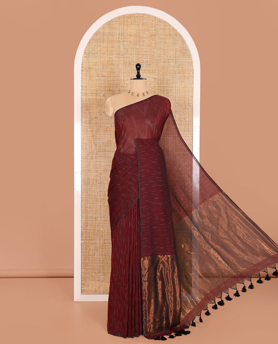 Borderless Maroon Khadi Mul Cotton Saree Decked with Jharna-Style Waterdrop Motifs, Featuring a Gleaming Zari-Woven Pallu, Paired with a Matching Blouse Replicating the Body Motifs